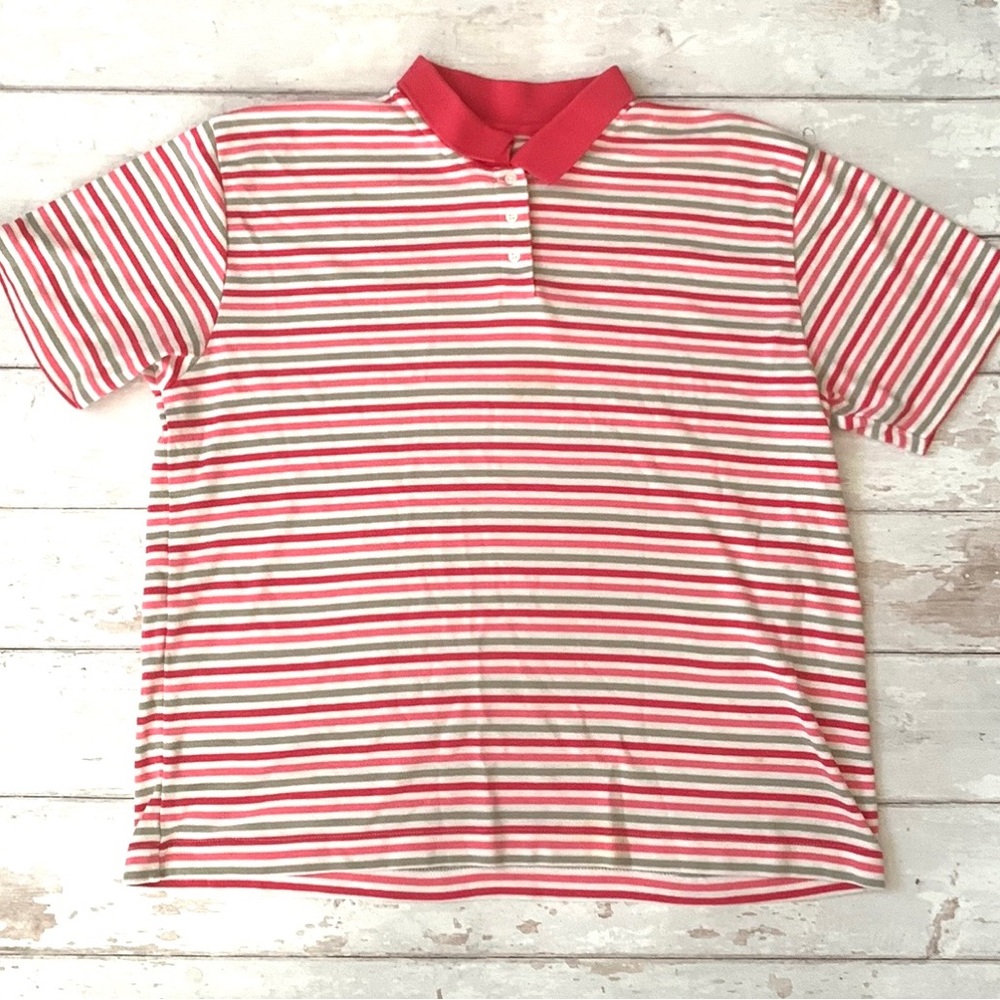 Unisex L/G Pink White Stripes Polo Shirt Short Sleeves Collared Top Large